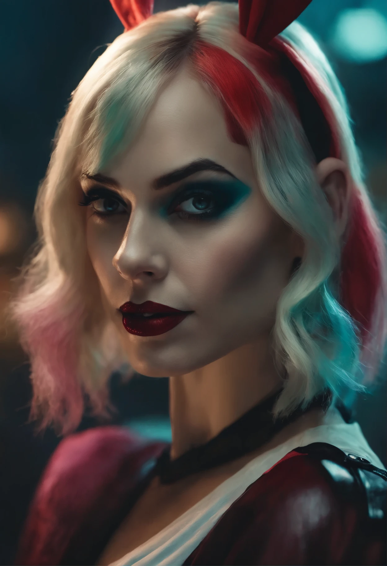 close-up of a woman with a rabbit on her head, of Harley Quinn, portrait of Harley Quinn, Colorful cinematography, Scary color graphics in 4 K, Artgerm Julie Bell Beeple, art of alessandro pautasso, Harley Quinn, by Galen Dara, Martin then, Martin then artwork portrait, Harley Quinn