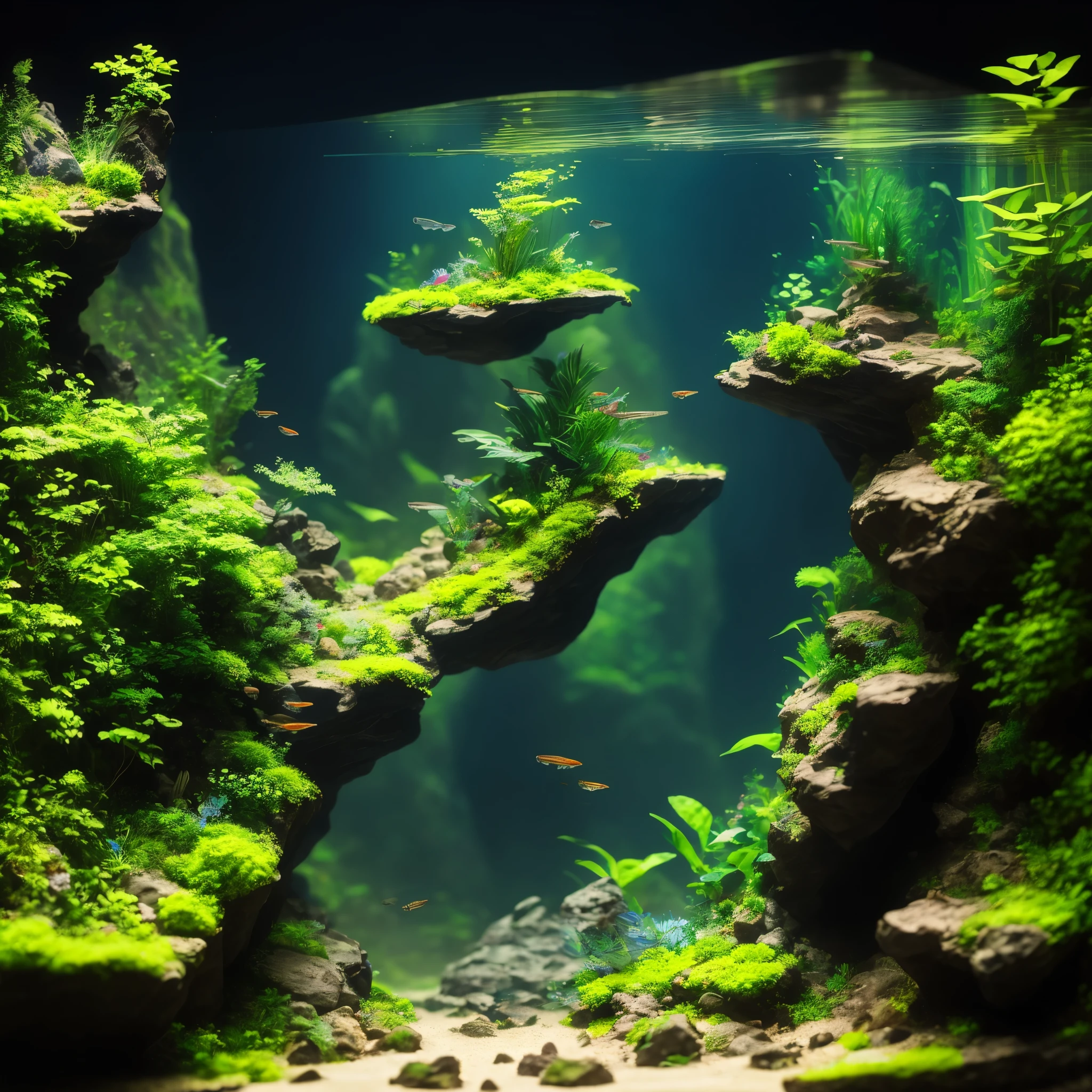 micro landscape, fish, plants, stones, fish tank, vibrant colors, detailed fish, realistic plants and stones, intricate details, professional painting techniques, vivid greenery, serene atmosphere, intricate fish tank design, mesmerizing underwater scene, detailed textures, realistic lighting, high-resolution artwork, studio lighting, captivating beauty, enchanting miniature world, vibrant underwater ecosystem.
