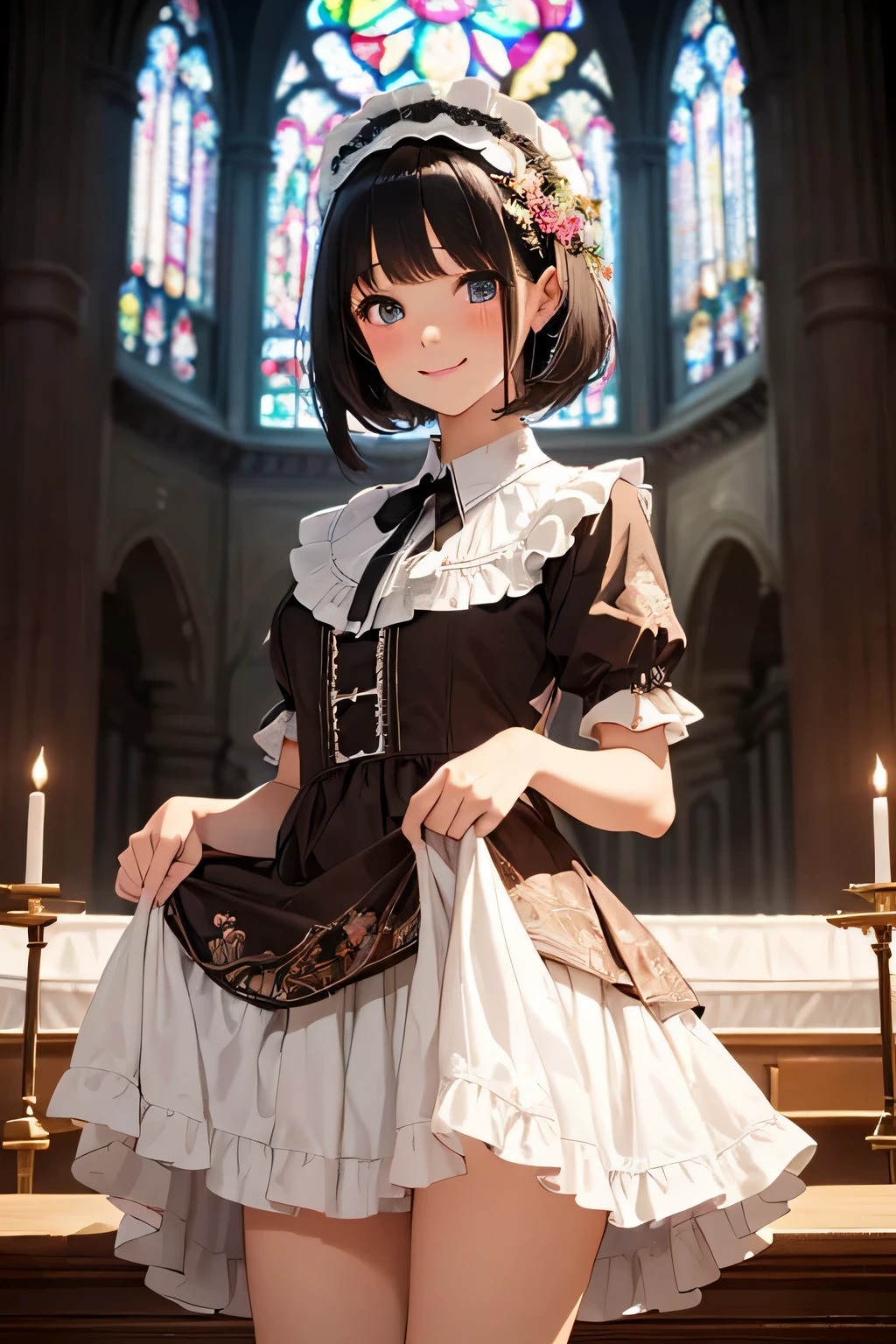 very cute and beautiful girl,(highly detailed beautiful face and eyes:1.2), (smile),blush,black hair,looking at viewer,brown plaid pattern lolita dress with detailed frills,detailed lace, sitting,arms behind back,spread legs,(white panties), altar,church,indoors,detailed background, (best quality,masterpiece:1.2),intricate details,extremely detailed,high resolution, solo,cinematic lighting,dynamic angle,ultra-detailed,