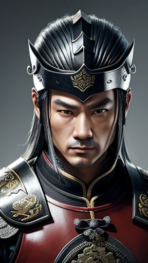 oriental、gray hair、A man wearing ancient Chinese leather armor、ancient chinese hairstyle man、three kingdom、General、highest quality、masterpiece、ultra high resolution、(Photoreal:1.4)、game poster、no background、wore a leather helmet、It's solo