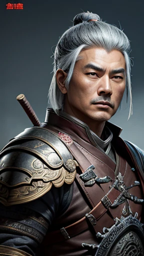 oriental、gray hair、A man wearing ancient Chinese leather armor、ancient chinese hairstyle man、three kingdom、General、highest quality、masterpiece、ultra high resolution、(Photoreal:1.4)、game poster、no background、wore a leather helmet、It's solo