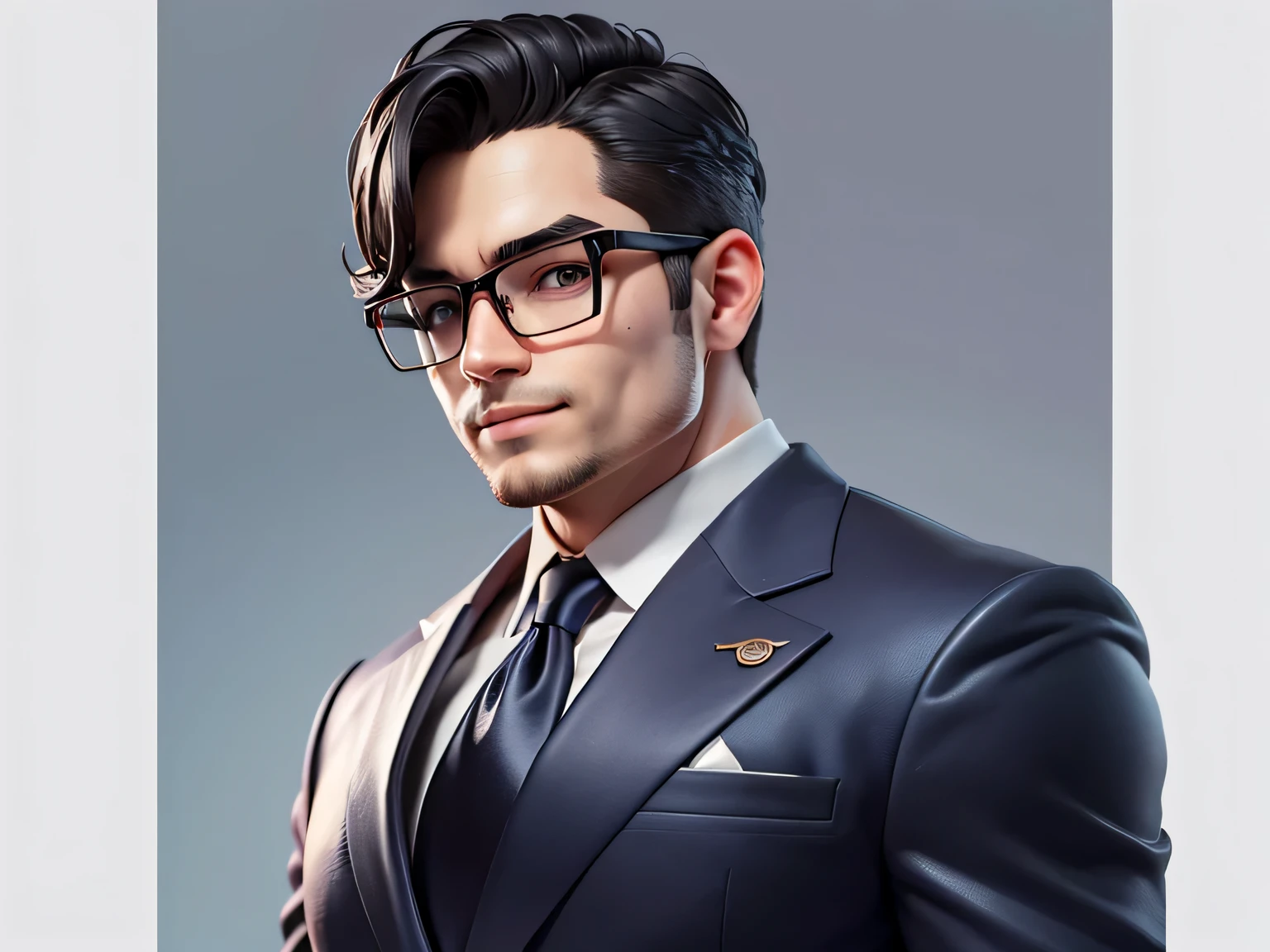 Masterpiece), (Excellent), (Super Meticulouull Body: 1.2), Super Young Woman, Beautiful, Sexy, Bursting, Oriental Face, TV Anchor, Bust Portrait Illustration, Alone, Black Suit, Blue Tie, Silver Glasses, Slightly Chubby Face, Very Clean Face, No Beard, Black Super Short Hair, Black Eyes, Confident Smile, 3c Computer Sub-Products, iPad, iPhone, Digital Painting, The illustration a high-definition illustration in 4K resolution with very detailed facial features and cartoon-style visuals.