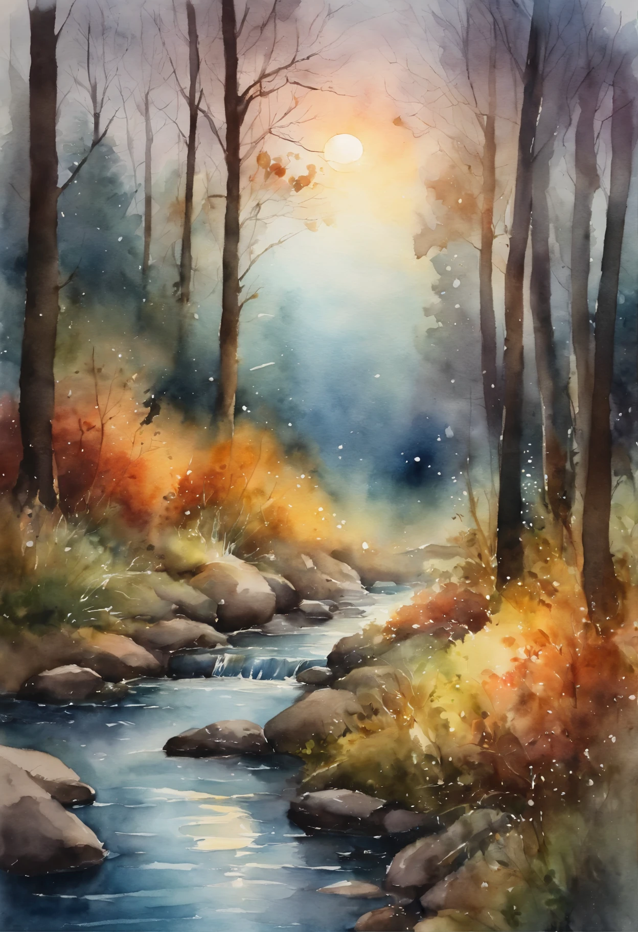 picture of a colorful landscape with trees with fireflies, huge moon and stream, light watercolor painting, watercolor painting, light watercolor, bright watercolor painting, watercolors, colorful watercolor painting, watercolorный пейзаж, watercolor, Rich watercolor, inspired by John Anster Fitzgerald, Watercolor painting, In the evening autumn forest, Rich watercolor, water color, colorful watercolor, fantasy watercolor, Watercolor painting