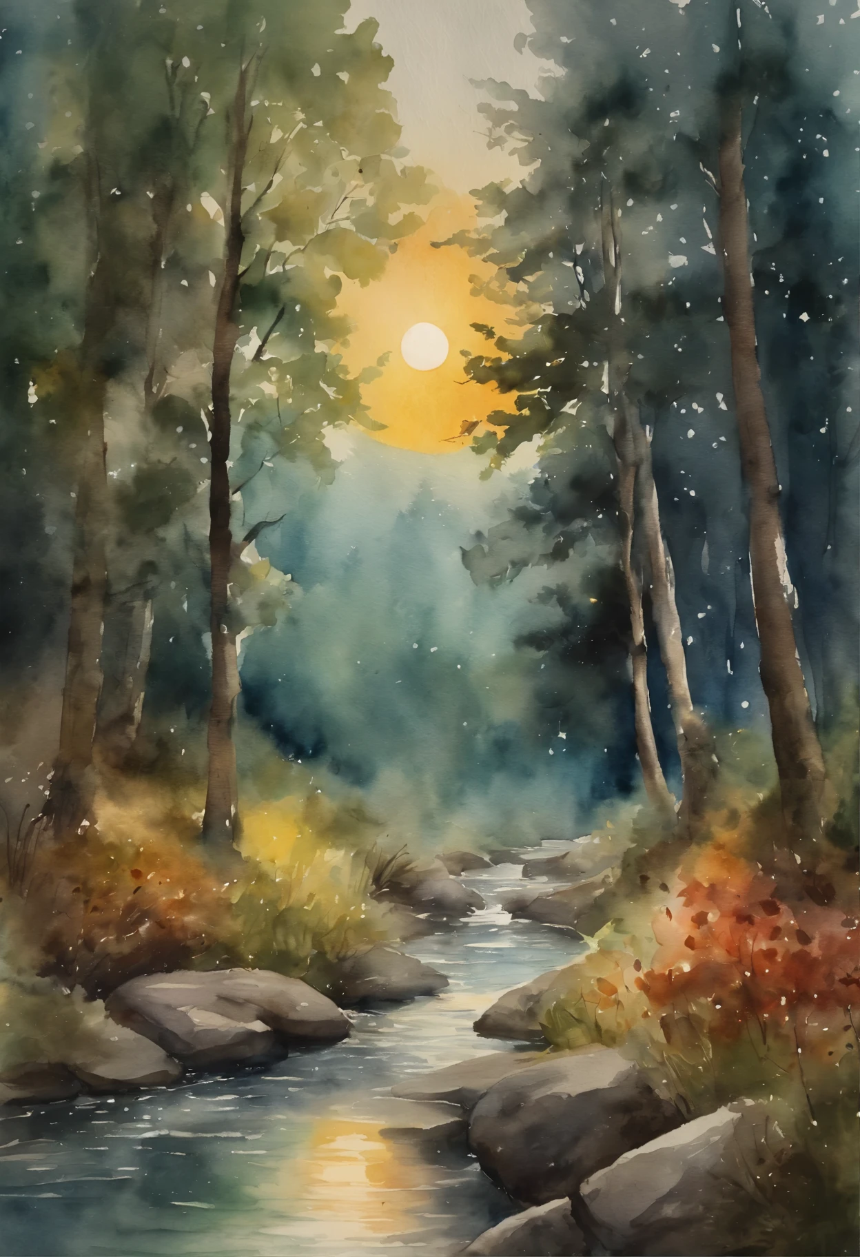 picture of a colorful landscape with trees with fireflies, huge moon and stream, light watercolor painting, watercolor painting, light watercolor, bright watercolor painting, watercolors, colorful watercolor painting, watercolorный пейзаж, watercolor, Rich watercolor, inspired by John Anster Fitzgerald, Watercolor painting, In the evening autumn forest, Rich watercolor, water color, colorful watercolor, fantasy watercolor, Watercolor painting