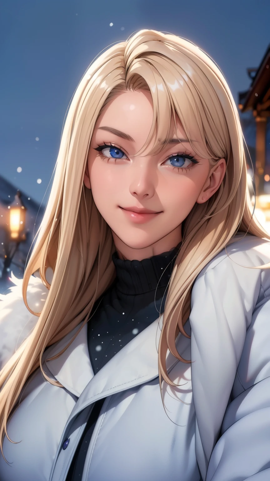(masterpiece), (best quality), 1girl, (perfect face:1.2), (beautiful face:1.2), platinum blonde hair, (from under, upper body:1.3), happy, light smile, looking at viewer, pose,
winter coat, outdoors, winter, snow, night time, intricate, depth of field, cinematic lighting,