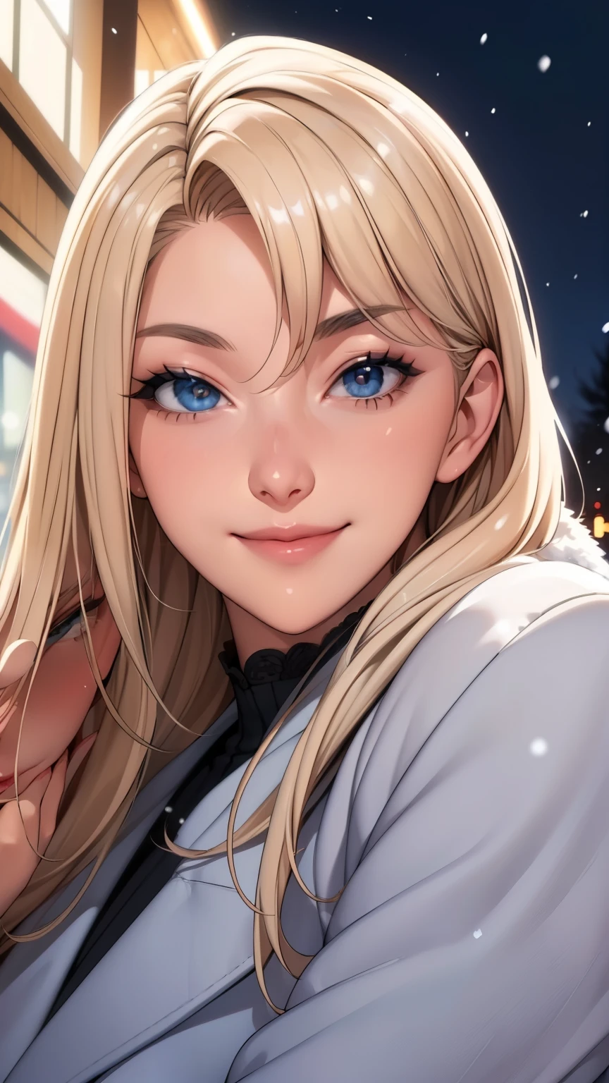(masterpiece), (best quality), 1girl, (perfect face:1.2), (beautiful face:1.2), platinum blonde hair, (from under, upper body:1.3), happy, light smile, looking at viewer, pose,
winter coat, outdoors, winter, snow, night time, intricate, depth of field, cinematic lighting,