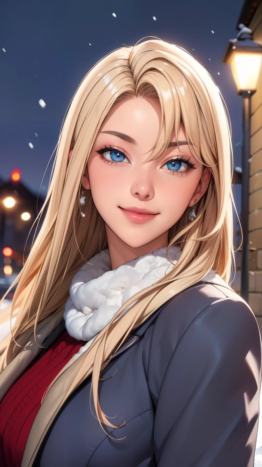 (masterpiece), (best quality), 1girl, (perfect face:1.2), (beautiful face:1.2), platinum blonde hair, (from under, upper body:1.3), happy, light smile, looking at viewer, pose, 
winter coat, outdoors, winter, snow, night time, intricate, depth of field, cinematic lighting,