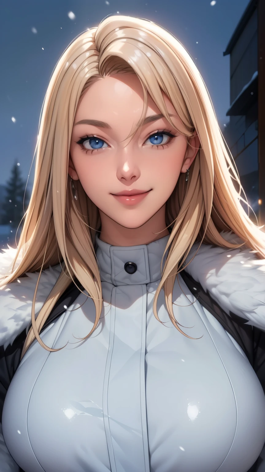 (masterpiece), (best quality), 1girl, (perfect face:1.2), (beautiful face:1.2), platinum blonde hair, (from under, upper body:1.3), happy, light smile, looking at viewer, pose,
winter coat, outdoors, winter, snow, night time, intricate, depth of field, cinematic lighting,