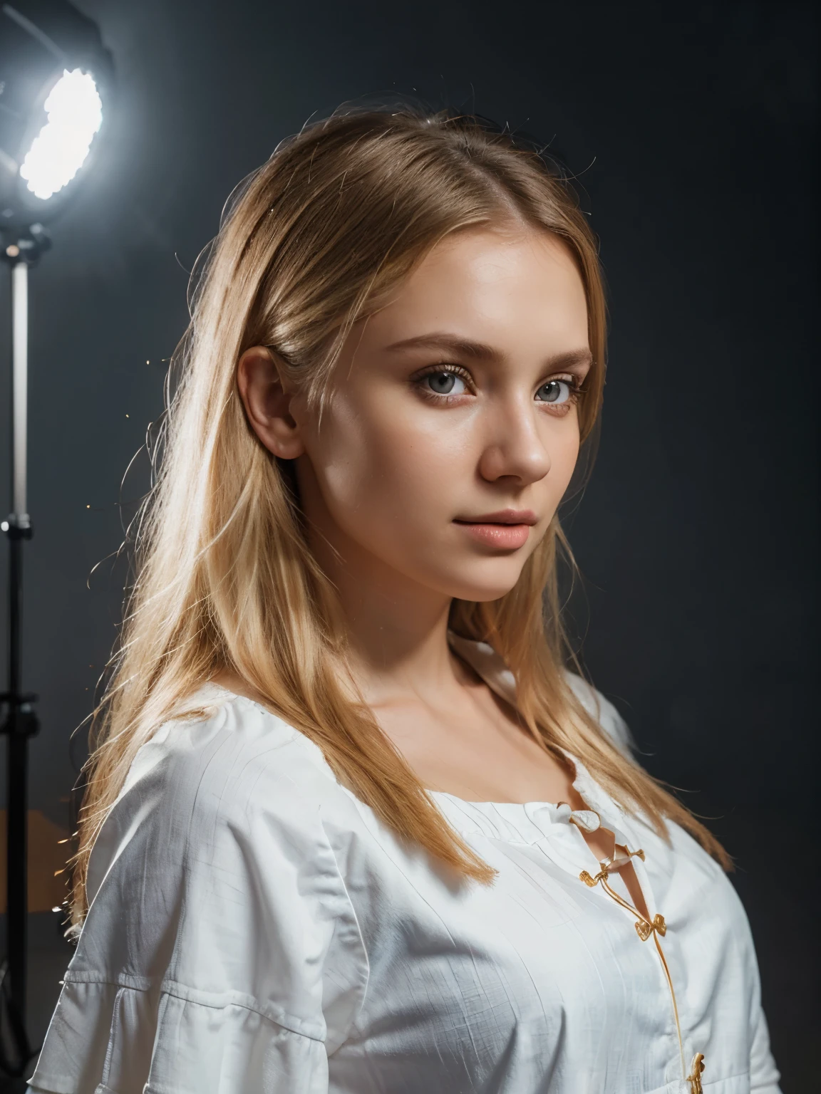 profile photo style of beautiful blonde Belarusian girl wearing casual Belarusian outfit, photo studio head and shoulders portrait shoot with open sky background, flash photography, centered mid shot, ((Best Quality)), (Ultra-detailed), (extremely detailed CG unified 8k), Highly detailed, High-definition raw color photos, Professional Photography, (happy face:0.8)