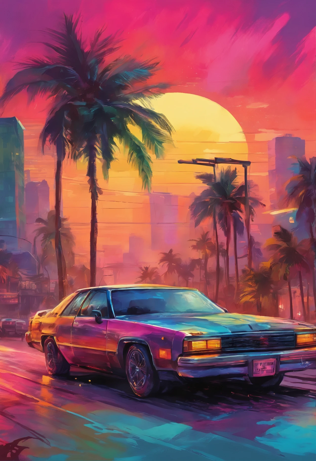 car drives through the city with palm trees and neon sunset, art deco ahead of anime aesthetics, overtake art style, Miami synthwave, masterpiece epic Retrouve art, epic Retrouve art, neon landscape, Retrouve art, Synthwave art style, The 80s are ahead, Retrowave-epic art, advance color palette, Dreamy colorful colors of cyberpunk
