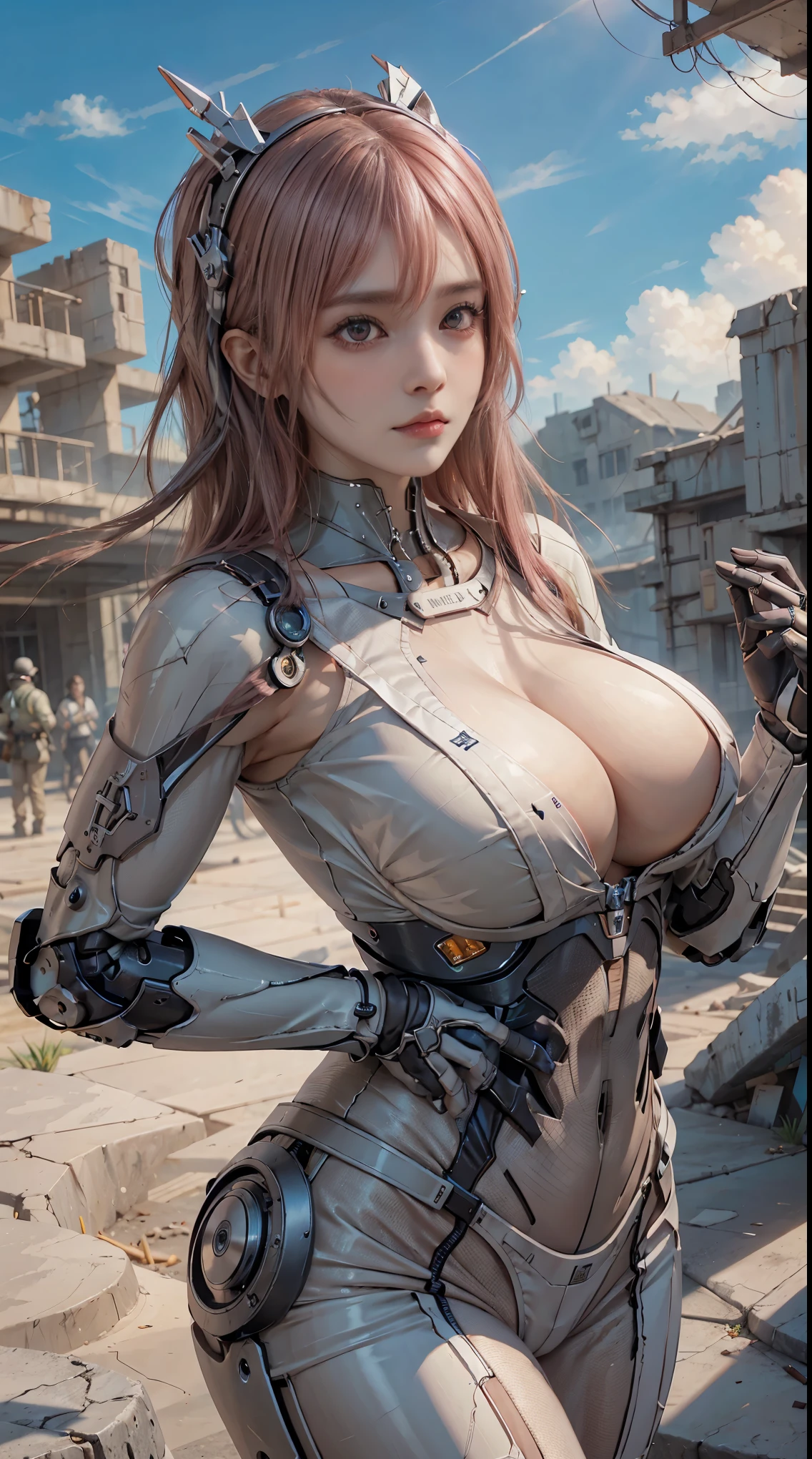 lifelike, high resolution, soft light,1 female, alone, Buttocks up, (Detailed face), long hair, pink hair, Mecha girl, Mechanical parts box,very big tits, robot joints, single mechanical arm, have, Mechanical Halo, very huge breasts,hello star, Electromechanical jumpsuit, mecha corset,, smoke, Huge chest attracts viewers,low cut,machine gun,facing the audience,very huge boobs,,sword,gun,knife,pistol,radio,missiles,airplane,ruins, warechanical limbetal arm,ruined building,fighting,fire
