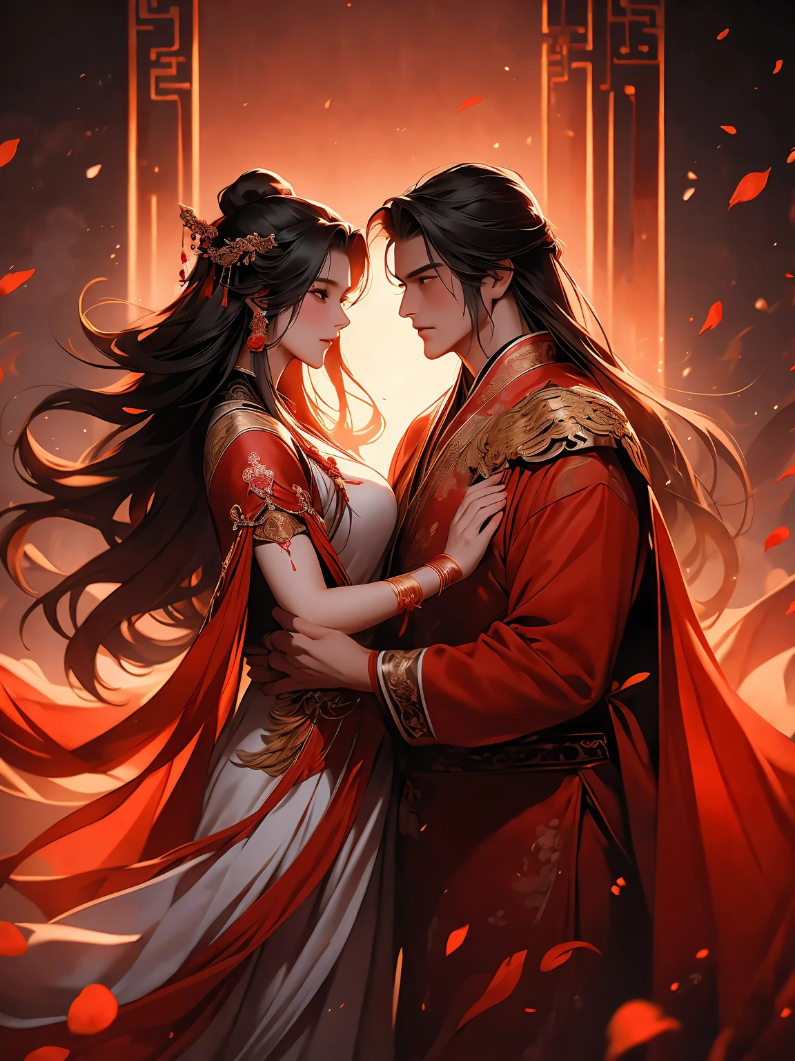A long-haired man and a long-haired woman,Husband and wife worship,ancient chinese style wedding,on fire,Ancient Chinese style clothing,petals,red capelet,red theme,玫瑰petals,Highest Quality, Super Detail, Masterpiece, High Resolution, 8K Resolution,