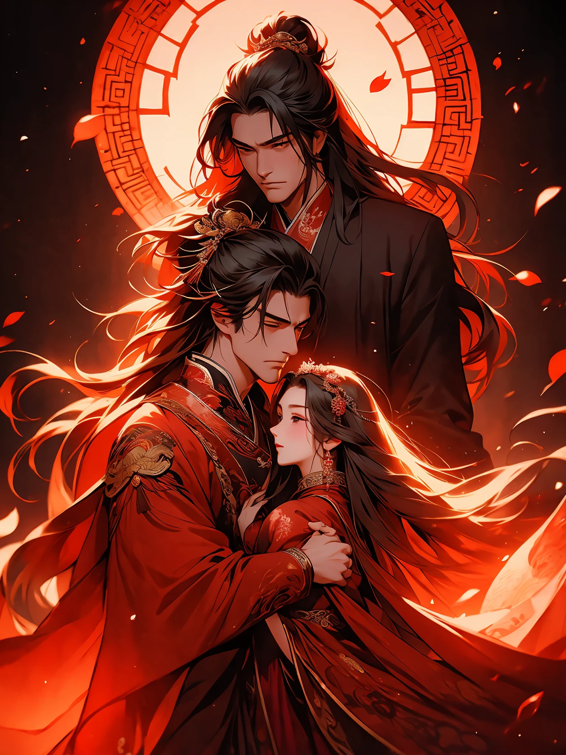 A long-haired man and a long-haired woman,Husband and wife worship,ancient chinese style wedding,on fire,Ancient Chinese style clothing,petals,red capelet,red theme,玫瑰petals,Highest Quality, Super Detail, Masterpiece, High Resolution, 8K Resolution,