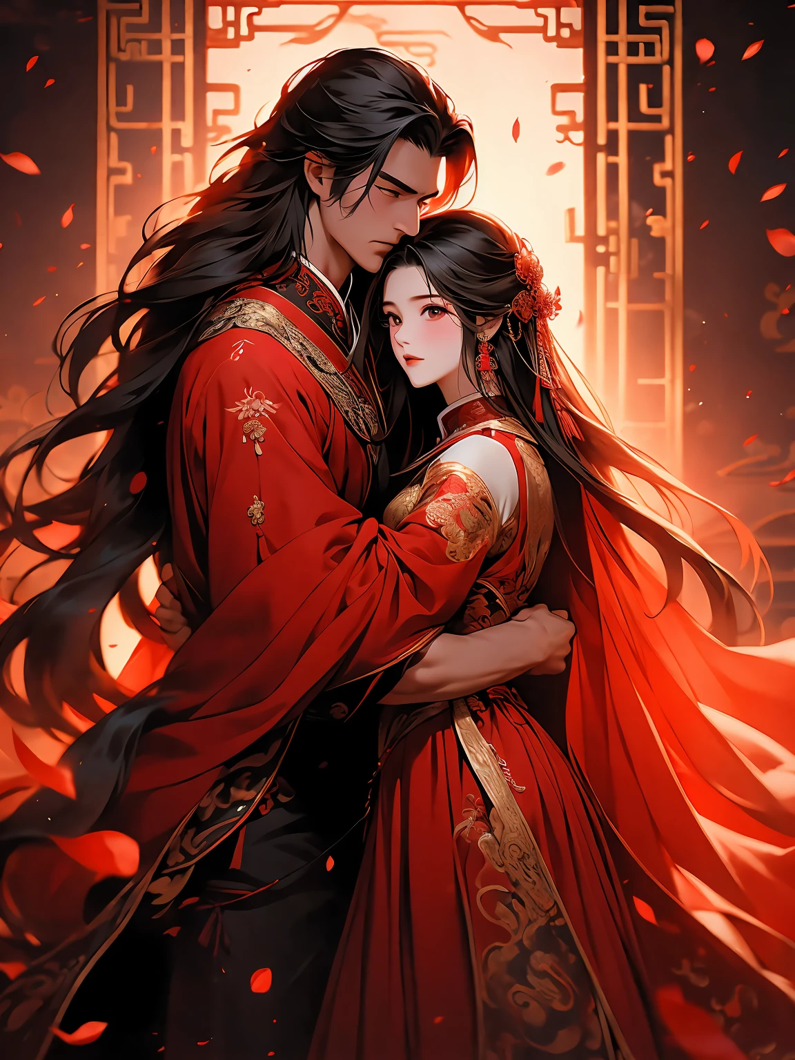 A long-haired man and a long-haired woman，Husband and wife worship，ancient chinese style wedding，on fire，Ancient Chinese style clothing，petals，red capelet，red theme，玫瑰petals,Highest Quality, Super Detail, Masterpiece, High Resolution, 8K Resolution,