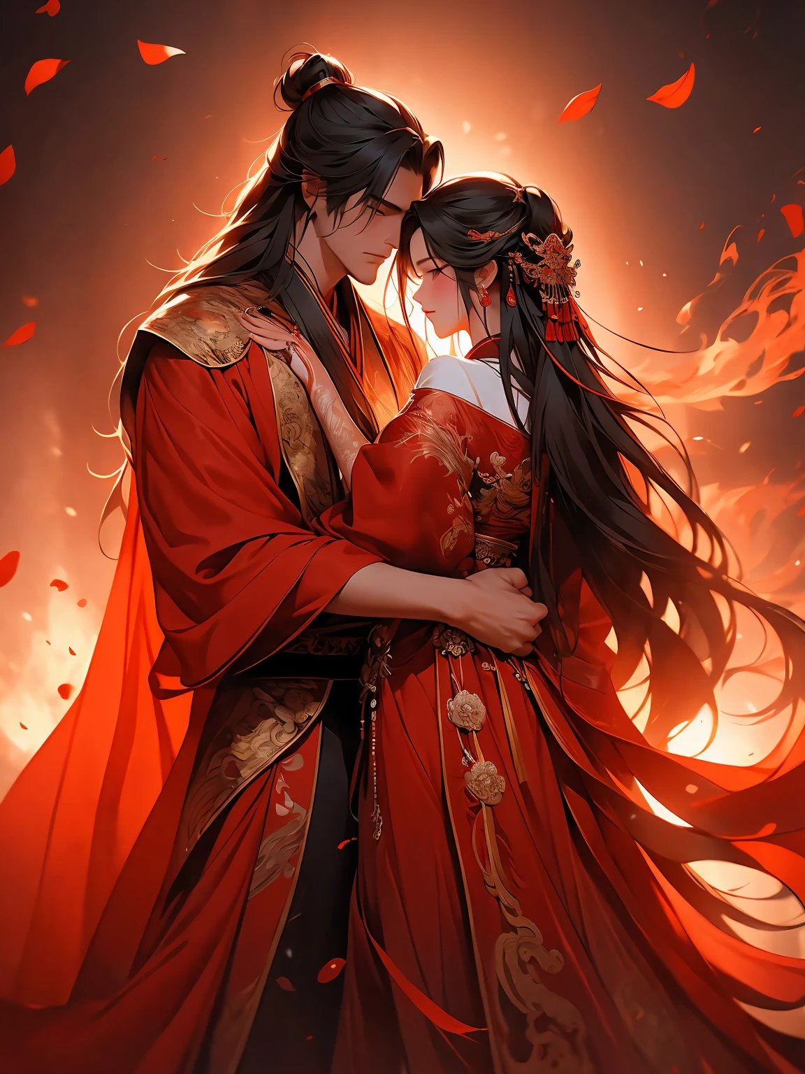 A long-haired man and a long-haired woman,Husband and wife worship,ancient chinese style wedding,on fire,Ancient Chinese style clothing,petals,red capelet,red theme,玫瑰petals,Highest Quality, Super Detail, Masterpiece, High Resolution, 8K Resolution,