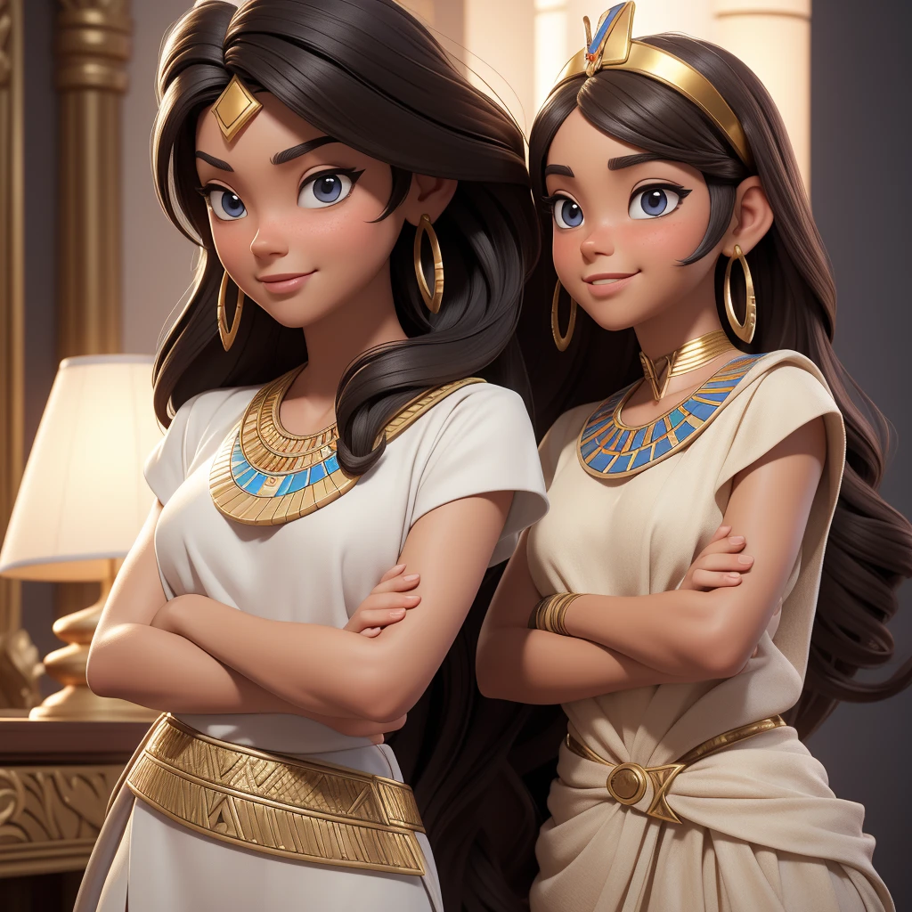 ((Masterpiece, best quality, photography, detailed skin, realistic, photo-realistic, 3D Character Design, pixar, 8k, highly detailed, full length frame, High detail RAW color art, diffused soft lighting, shallow depth of field, sharp focus, hyperrealism, cinematic lighting, close up)); Disney Pixar Movie Poster of 2 girls side by side back to back both crossed arms, one on the left is an ancient egyptian Princess dressed in an elegant white ancient Egyptian dress and the other girl on the right is a modern egyptian girl, she is wearing sunglasses, a shirt and jeans, both their expression that exudes grace and elegance. Focus on capturing their gorgeous long black wavy hair, brunette brownish skin and stunning facial features, beautiful smile, 3d render.