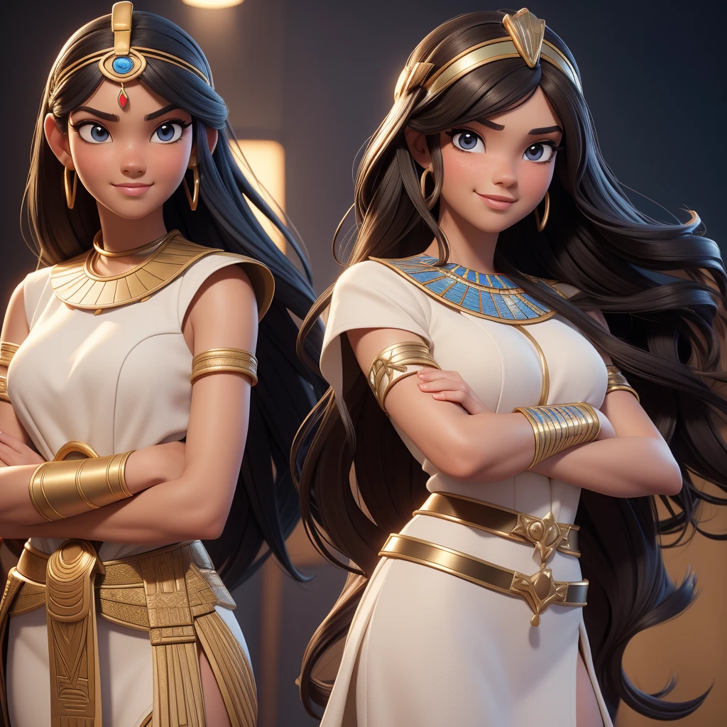 ((Masterpiece, best quality, photography, detailed skin, realistic, photo-realistic, 3D Character Design, pixar, 8k, highly detailed, full length frame, High detail RAW color art, diffused soft lighting, shallow depth of field, sharp focus, hyperrealism, cinematic lighting, close up)); Disney Pixar Movie Poster of 2 girls side by side back to back both crossed arms, one on the left is an ancient egyptian Princess dressed in an elegant white ancient Egyptian dress and the other girl on the right is a modern egyptian girl, she is wearing sunglasses, a shirt and jeans, both their expression that exudes grace and elegance. Focus on capturing their gorgeous long black wavy hair, brunette brownish skin and stunning facial features, beautiful smile, 3d render.