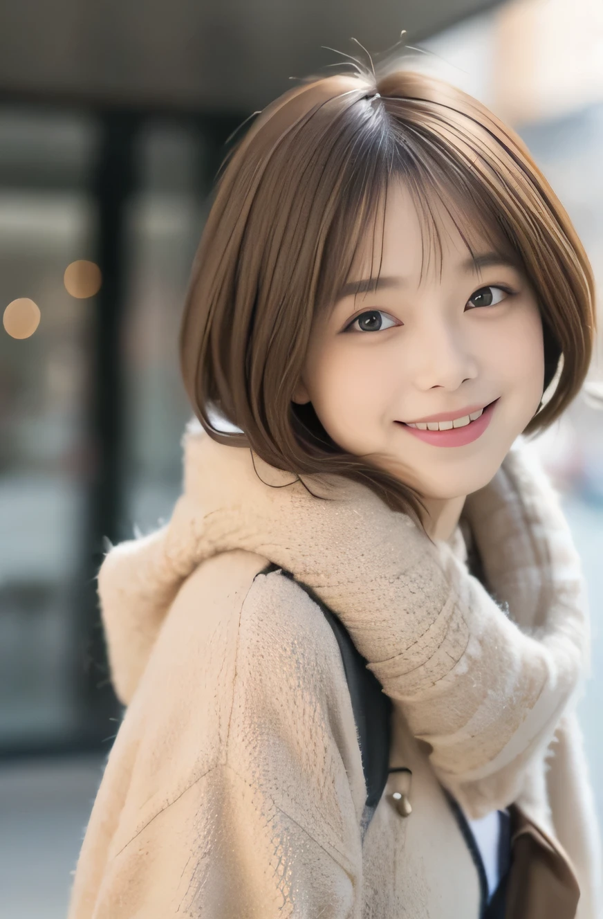 highest quality, Focus on the eyes, soft light, Use reflector to brighten your face, (Depth of bounds written) ,ultra high resolution, (realistic:1.4), RAW photo, (Bokeh:1.4), 1 girl, japanese girl, , detailed face, narrow side, so beautiful, nogizaka girls, female idol, very pretty, alone, cute, (gentle smile :1.3), (smile:1.3), medium sized breasts, brown hair, short bob cut, small nostrils, (looking at the viewer:1.2), Various shooting angles, cowboy shot,