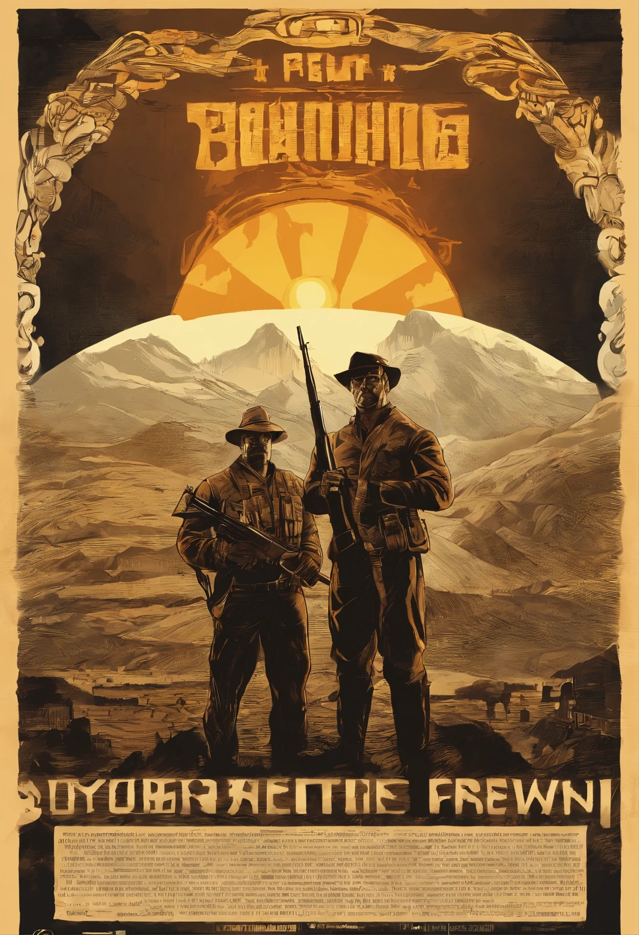 picture, in which three men with weapons stand in front of the sun, inspired by John Brown, Clint Eastwood's film style, headquarters, Graphic novel "The Prophet", Official registration, cover art фильма, Martin then, from this thing, country lovecraft, poster, Doc Savage, textless, A24, cover art, HD works, film key art, key art
