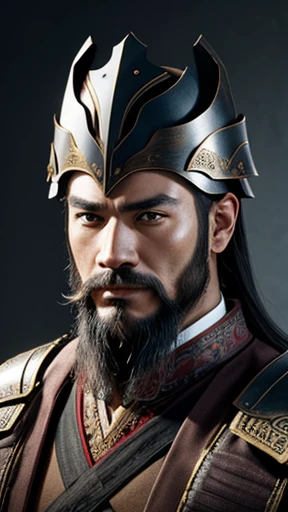oriental、beard、A man wearing ancient Chinese leather armor、ancient chinese hairstyle man、three kingdom、General、highest quality、masterpiece、ultra high resolution、(Photoreal:1.4)、game poster、no background、wore a leather helmet、It's solo