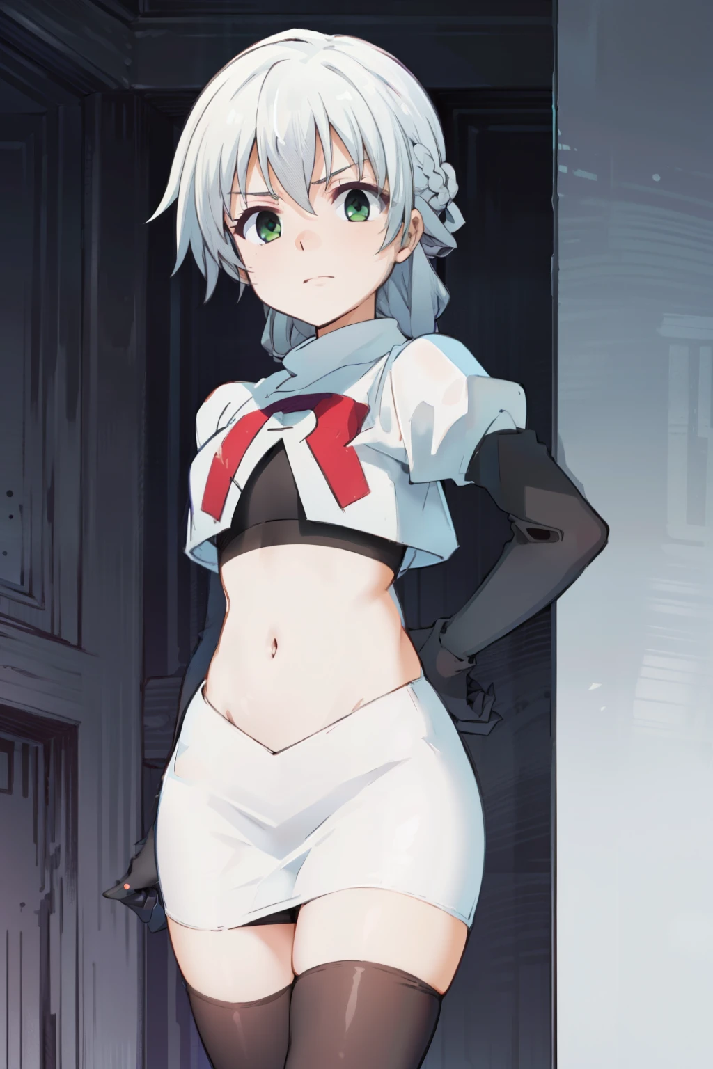 (((pixel-perfect, detail-perfect))), solo, 1girl, shizuku kurogane, hair braid,looking at viewer, team rocket,team rocket uniform, red letter R, white skirt,white crop top,black thigh-highs,black elbow gloves