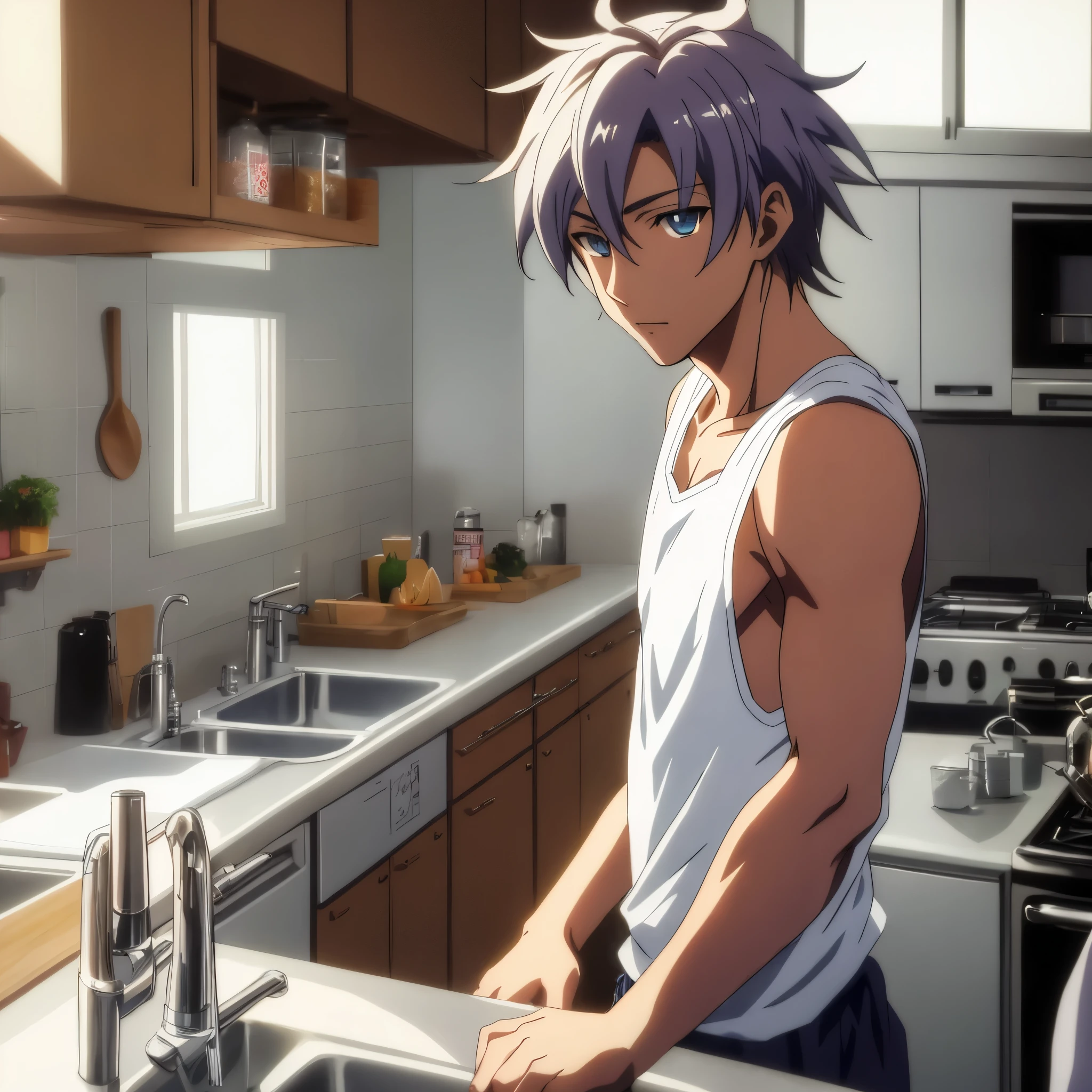 anime character in a kitchen with a sink and a stove, wearing tank top, kaworu nagisa, anime handsome man, male anime character, tall anime guy with blue eyes, hajime yatate, anime. soft lighting, fubuki, handsome anime pose, yukito kishiro, young anime man, official art, makoto kano, male anime style
