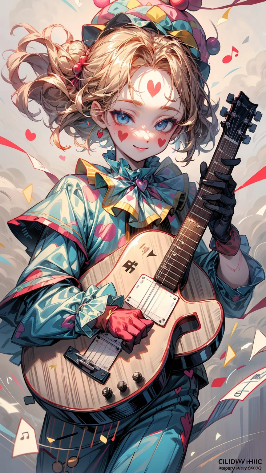 HDR,UHD,8K, best quality, masterpiece, Highly detailed, golden hour lighting, physically-based rendering, 1boy, solo,
a ((clown))). colorful, ((clown hat and flowers)), clown costume, gloves, heart drawing on face, dark blonde hair,(happy), smile,cute,music, guitar 🎸,((musical notes floating around her🎶:1.2)) singing,white face, wavy hair, hair bun, 
(upper body) full body,
