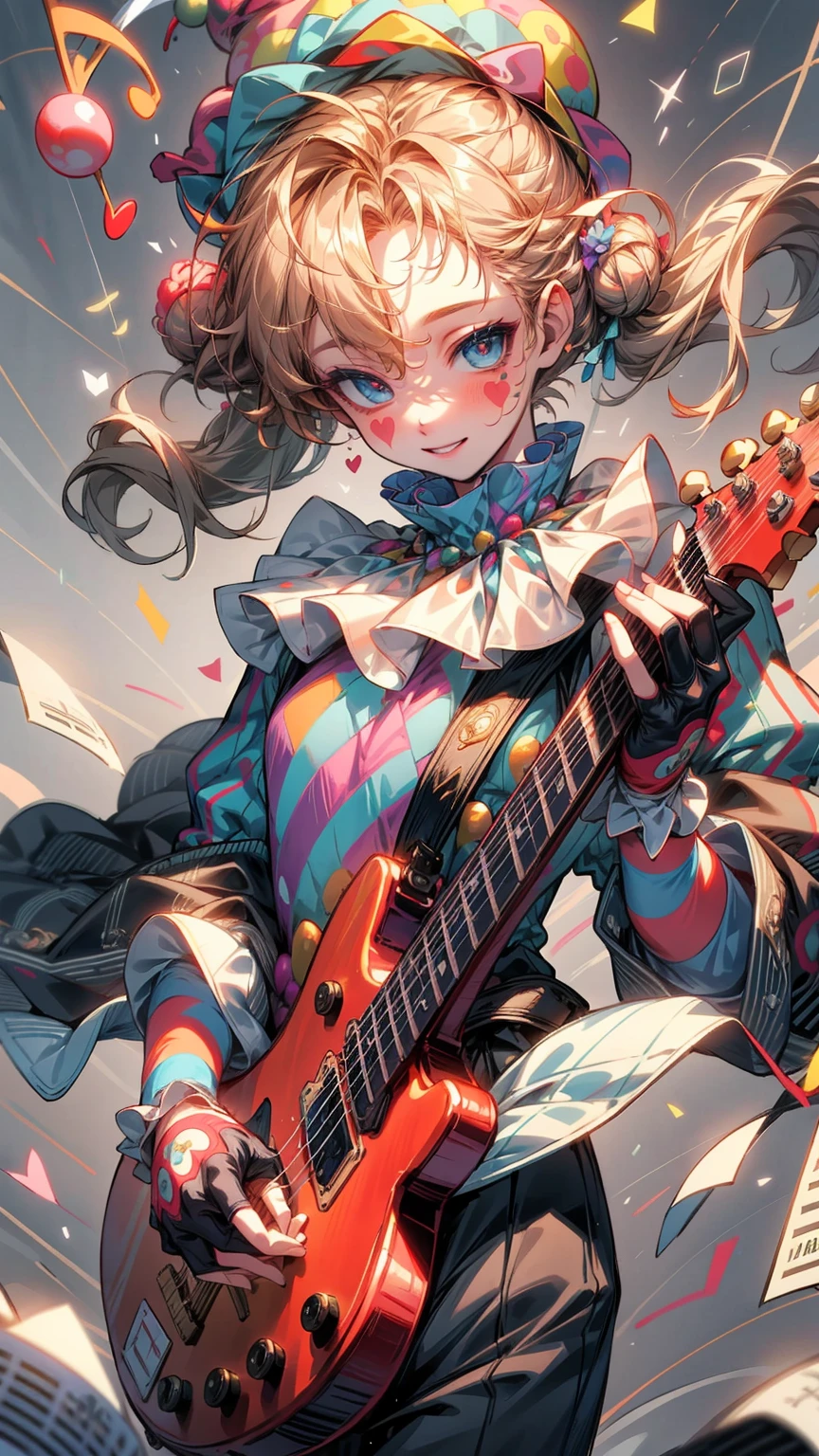 HDR,UHD,8K, best quality, masterpiece, Highly detailed, golden hour lighting, physically-based rendering, 1boy, solo,
a ((clown))). colorful, ((clown hat and flowers)), clown costume, gloves, heart drawing on face, dark blonde hair,(happy), smile,cute,music, guitar 🎸,((musical notes floating around her🎶:1.2)) singing,white face, wavy hair, hair bun,
(upper body) full body,