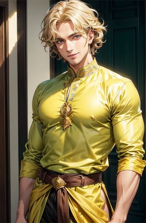 1 male, Handsome, broad shoulders, lots muscle, finely detailed eyes, blonde medium length curly messy hair, light green eyes, stable behind him, smiling, gentle expression, Natural Light and Shadow, Fantastic, Bright glow, wearing yellow Indian kurta, gentle eyes, kind personality, full lips, golden silk belt
