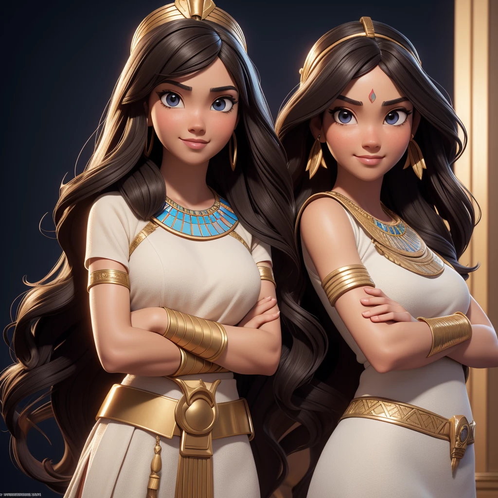 ((Masterpiece, best quality, photography, detailed skin, realistic, photo-realistic, 3D Character Design, pixar, 8k, highly detailed, full length frame, High detail RAW color art, diffused soft lighting, shallow depth of field, sharp focus, hyperrealism, cinematic lighting, close up)); Disney Pixar Movie Poster of 2 girls side by side back to back both crossed arms, one on the left is an ancient egyptian Princess dressed in an elegant white ancient Egyptian dress and the other girl on the right is a modern egyptian girl, she is wearing sunglasses, a shirt and jeans, both their expression that exudes grace and elegance. Focus on capturing their gorgeous long black wavy hair, brunette brownish skin and stunning facial features, beautiful smile, 3d render.