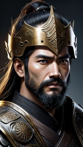 oriental、beard、A man wearing ancient Chinese leather armor、ancient chinese hairstyle man、three kingdom、General、highest quality、masterpiece、ultra high resolution、(Photoreal:1.4)、game poster、no background、wore a leather helmet、It's solo