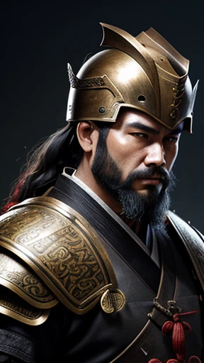 oriental、beard、A man wearing ancient Chinese leather armor、ancient chinese hairstyle man、three kingdom、General、highest quality、masterpiece、ultra high resolution、(Photoreal:1.4)、game poster、no background、wore a leather helmet、It's solo