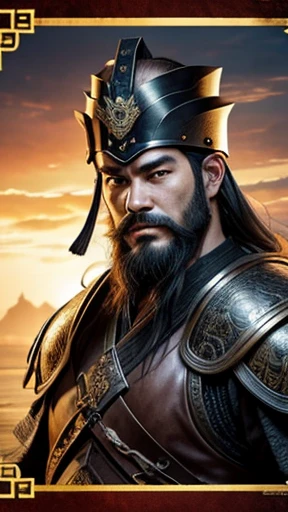 oriental、beard、A man wearing ancient Chinese leather armor、ancient chinese hairstyle man、three kingdom、General、highest quality、masterpiece、ultra high resolution、(Photoreal:1.4)、game poster、no background、wore a leather helmet、It's solo