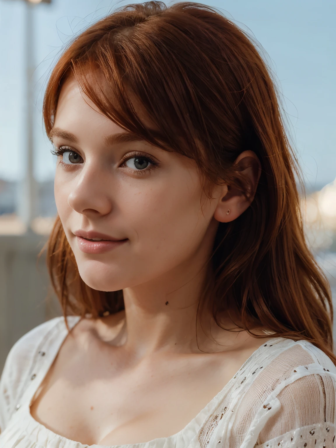 profile photo style of beautiful redhead FRENCH girl wearing casual FRENCH outfit, photo studio head and shoulders portrait shoot with open sky background, flash photography, centered mid shot, ((Best Quality)), (Ultra-detailed), (extremely detailed CG unified 8k), Highly detailed, High-definition raw color photos, Professional Photography, (happy face:0.8)