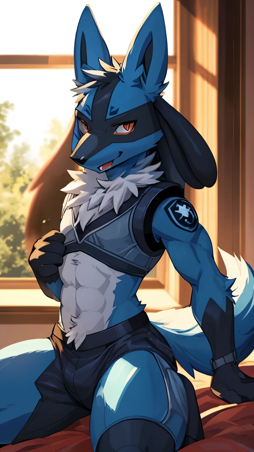 best quality, masterpiece work, high quality, Lucario (Pokemon), male lucario, (((Lucario's Fur))), ((Lucario's appearance)), protogen, Lucario × protogen, strike a pose