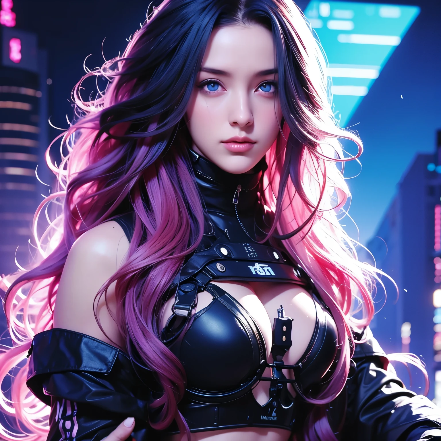 Woman, long curly hair, black and pink hair, blue eyes, cyperpunk, technology ,Black hair with black mix