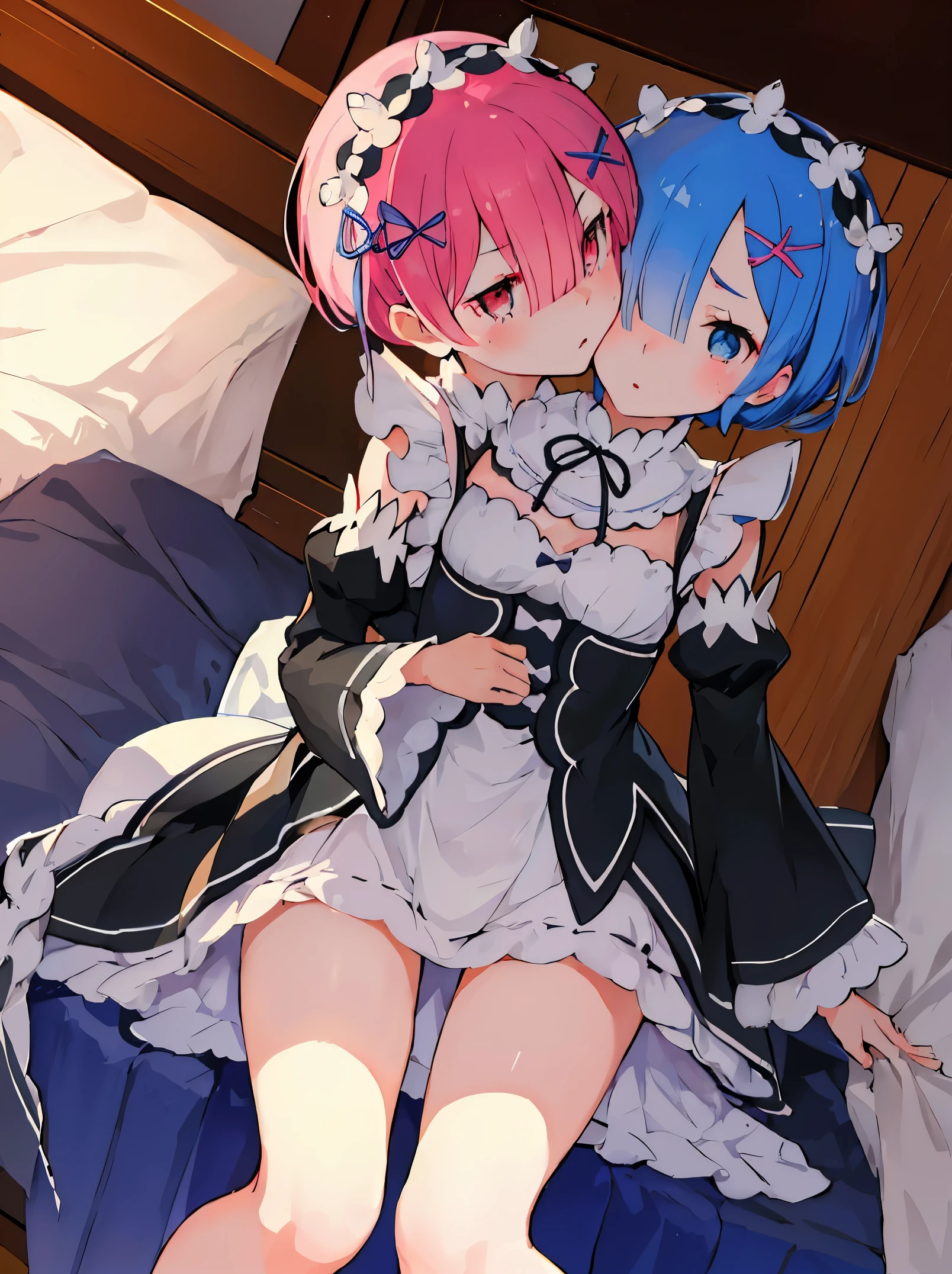 2girls,Re:zero,ram & rem,(((2girls in))),nsfw ,lesbian,yuri,tribadism,,clam jousting ,female homosexuality,(masterpiece), (best quality),clothed,girl trembling with sexual climax,aroused,medium breasts,on the bed,bedroom,,supright straddle,grappling ,hug,thighs,crotch grab ,hand under clothes , ,kiss each other,clothed ,dynamic angle ,1girl is ram,1girl is rem, ramchi,remchi, masterpiece, Best Quality, (Colorful), (Delicate eyes and face), Volumetric Lights, Ray tracing, the Extremely Detailed CG Unity 8K Wallpapers, Ramchi, Hair over one eye, maid, Purple Ribbon, maid headdress, roswaal mansion maid uniform, Detached sleeves, Looking at Viewer, 