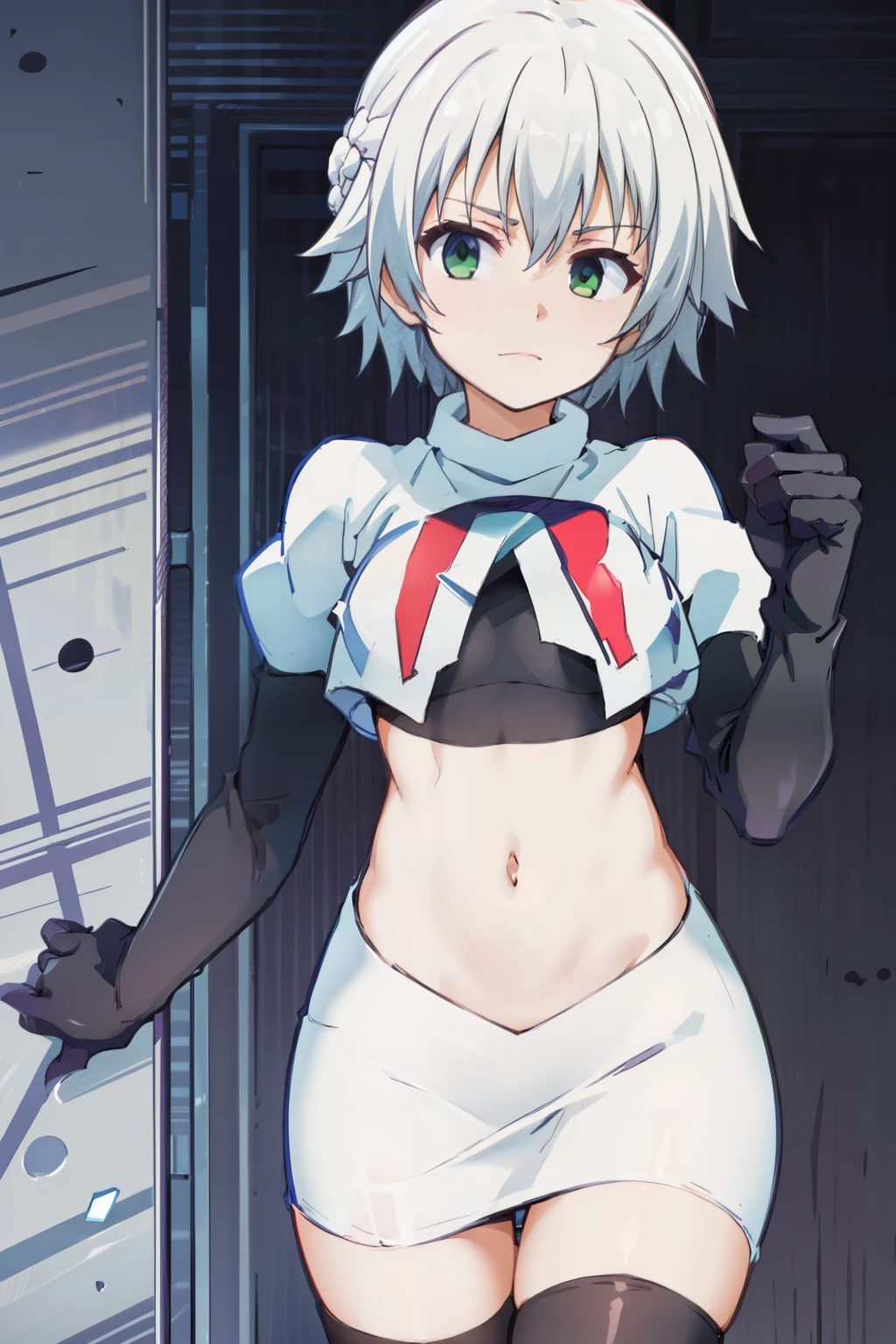 (((pixel-perfect, detail-perfect))), solo, 1girl, shizuku kurogane, hair braid,looking at viewer, team rocket,team rocket uniform, red letter R, white skirt,white crop top,black thigh-highs,black elbow gloves