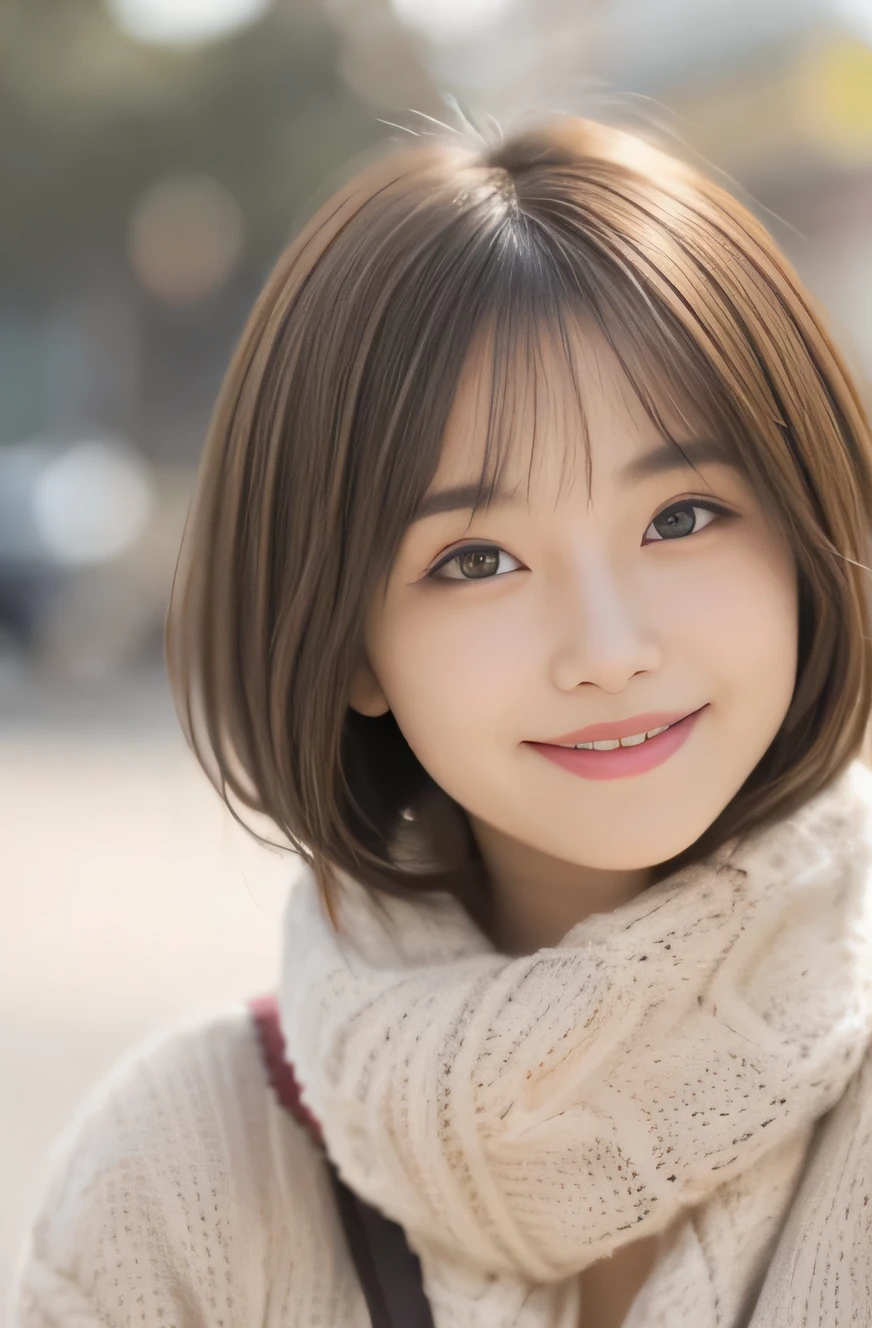 highest quality, Focus on the eyes, soft light, Use reflector to brighten your face, (Depth of bounds written) ,ultra high resolution, (realistic:1.4), RAW photo, (Bokeh:1.4), 1 girl, japanese girl, 15 years old, detailed face, narrow side, so beautiful, nogizaka girls, female idol, very pretty, alone, cute, (gentle smile :1.3), (smile:1.3), medium sized breasts, brown hair, short bob cut, small nostrils, (looking at the viewer:1.2), Various shooting angles, cowboy shot,