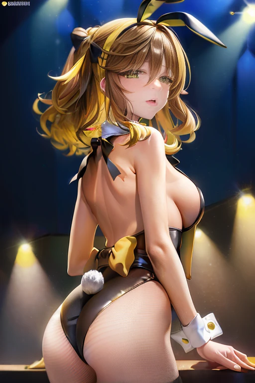 masterpiece, best quality, illustration, highres, absurdres, ultradetailed, amicia michella - nijisanji, 1girl, brown short hair, yellow inner hair, wavy hair, green eyes, highly detailed eyes, shiny, shiny skin, bright eyes, ((1 girl, solo, bunny ears ornament, black bunny suit, high-neck collar, bow tie, bunny girl suit, medium breasts, turtleneck, audience, crowd, ass, from behind, looking back, night club interior, nighttime, latenight)),