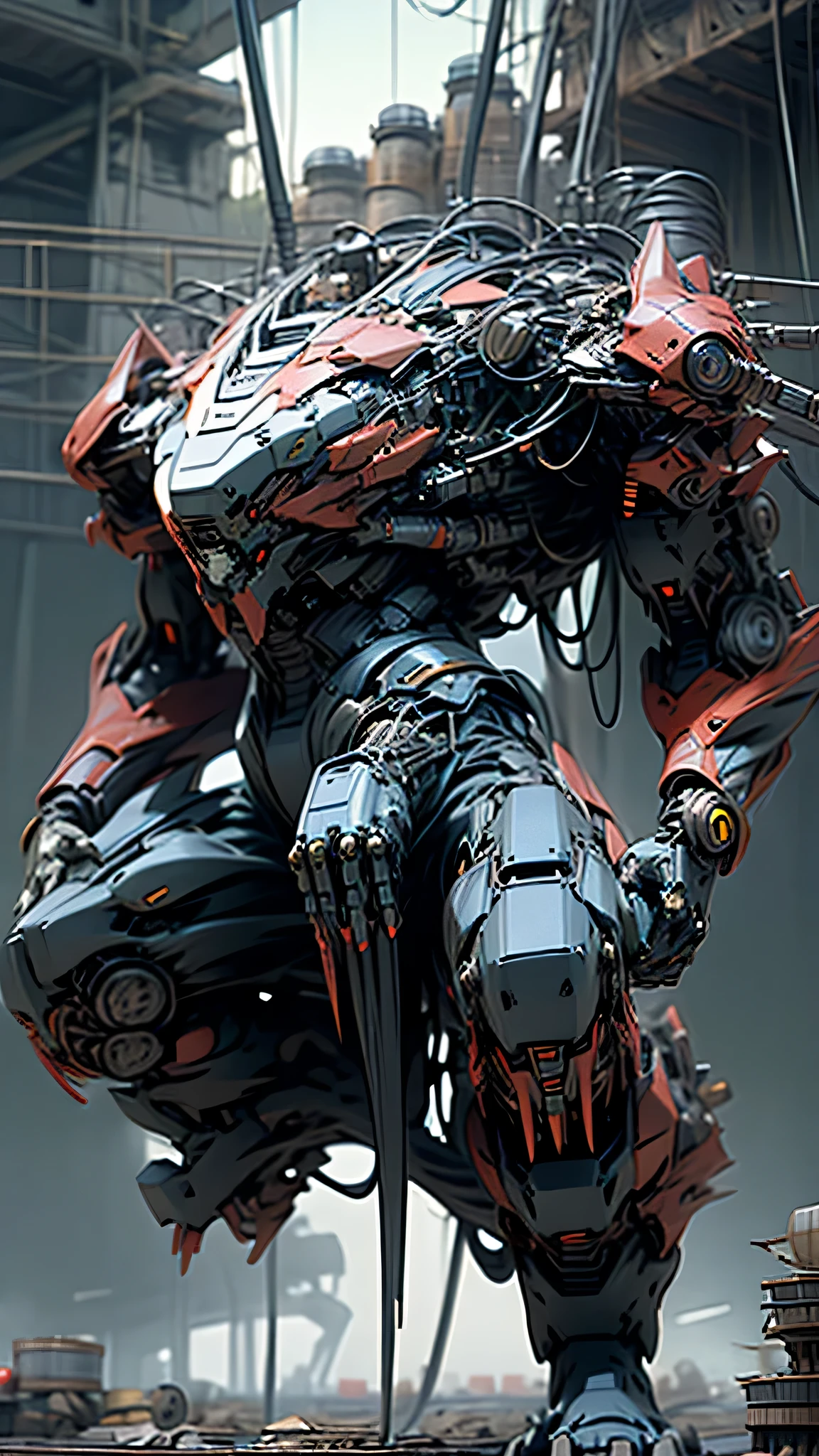 最high quality、best image quality、masterpiece、huge robot((Black body、huge propeller、missile pod、Gatling、two basics、Both arms、rugged design、floating in the air、humanoid body)),high quality、beautiful art、background((factory area)),pieces fly、Depth of written boundary、movie、visual art、perfect art、