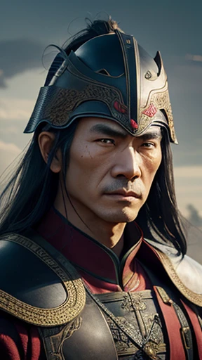 oriental、elder、A man wearing ancient Chinese leather armor、ancient chinese hairstyle man、three kingdom、General、highest quality、masterpiece、ultra high resolution、(Photoreal:1.4)、game poster、no background、wore a leather helmet、It's solo