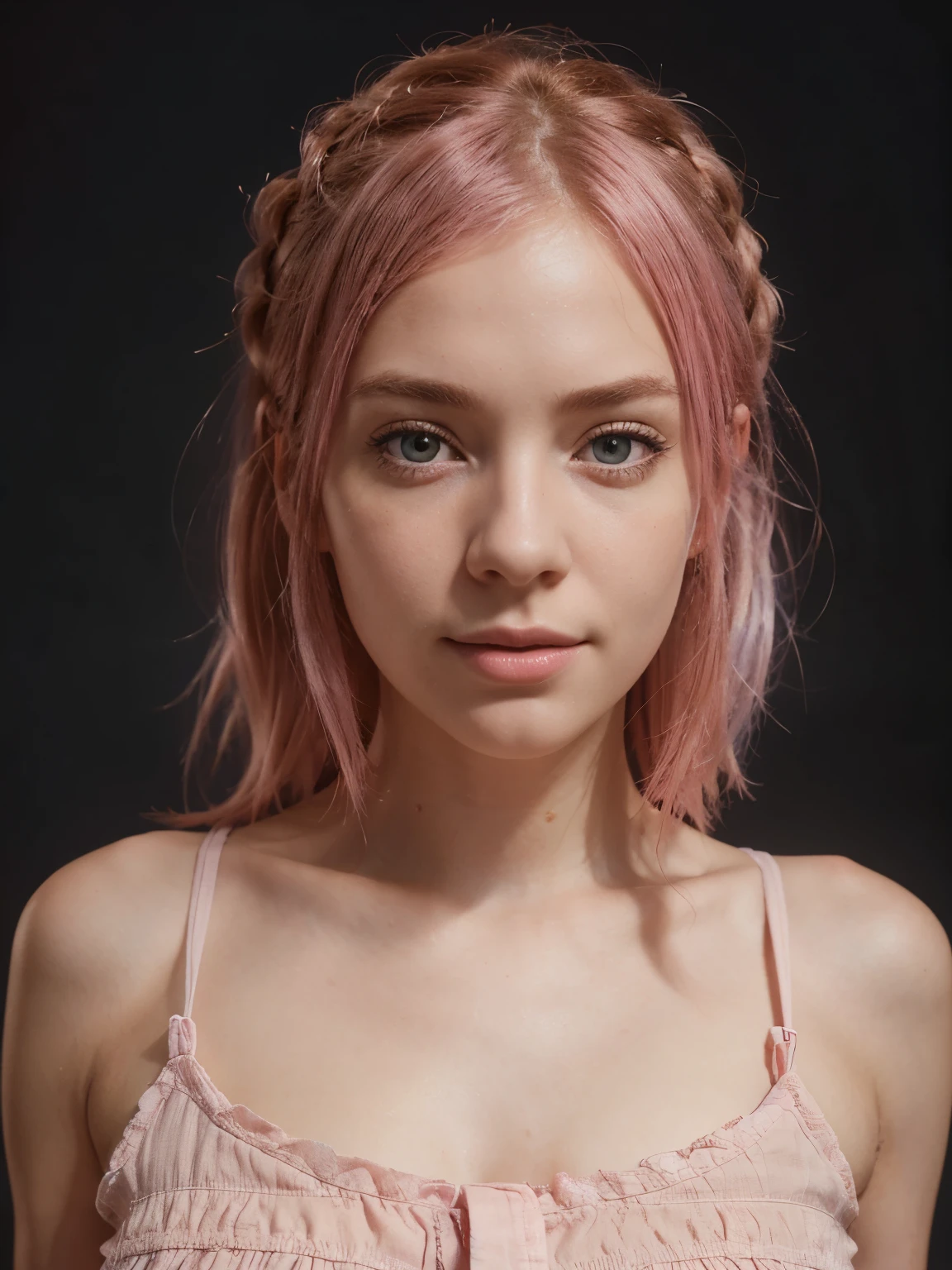 (A girl) with pink hair, (long hair), (a single sidelock) falling over her face gracefully, wearing a delicate (hairpin) adorned with a small flower. Her cheeks flushed with a subtle (blush) as she gazes off into the distance. The scene is bathed in (modern cinematic lighting), with (ray tracing) casting soft, realistic shadows and illuminating the girl's features. The lighting creates a (drop shadow) behind her, giving the impression of depth. The camera captures a (wide shot) of the girl, showing her from head to shoulders, with the surrounding environment still visible.
The image is rendered in (UHD) resolution, allowing for every detail to be crisp and clear. Her (textured skin) has a realistic feel, with imperfections and subtle variations adding depth and character. The level of detail is incredibly high, capturing every strand of her (long hair) and the intricate design of her hairpin. The image is of the (best quality 4K), with vibrant colors and sharp focus.
The overall art style is a blend of realism and (cinematic) aesthetics, with a touch of (anime) inspiration. The color palette is dominated by soft pastels, with the girl's pink hair being the focal point. The lighting adds a touch of drama and depth to the image, with warm tones creating an inviting atmosphere. The girl's expression is serene yet full of emotion, drawing the viewer into her world.
Note: The prompt may be subject to changes based on the specific requirements and preferences.