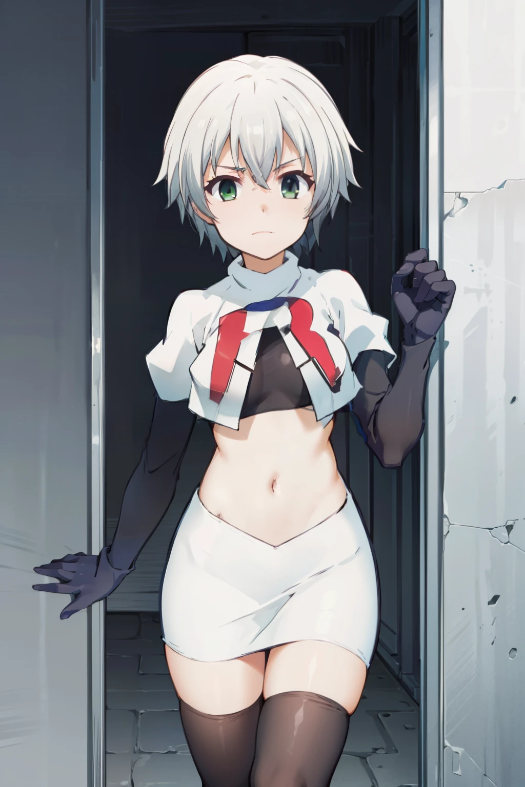 (((pixel-perfect, detail-perfect))), solo, 1girl, shizuku kurogane, hair braid,looking at viewer, team rocket,team rocket uniform, red letter R, white skirt,white crop top,black thigh-highs,black elbow gloves