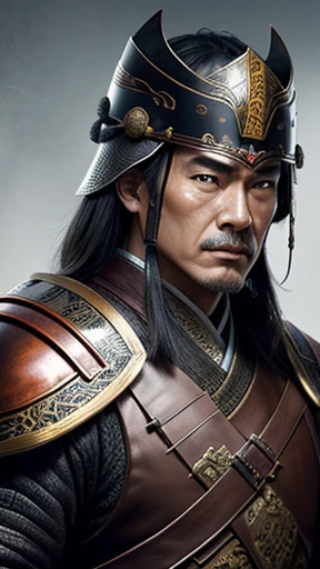 oriental、elder、A man wearing ancient Chinese leather armor、ancient chinese hairstyle man、three kingdom、General、highest quality、masterpiece、ultra high resolution、(Photoreal:1.4)、game poster、no background、wore a leather helmet、It's solo