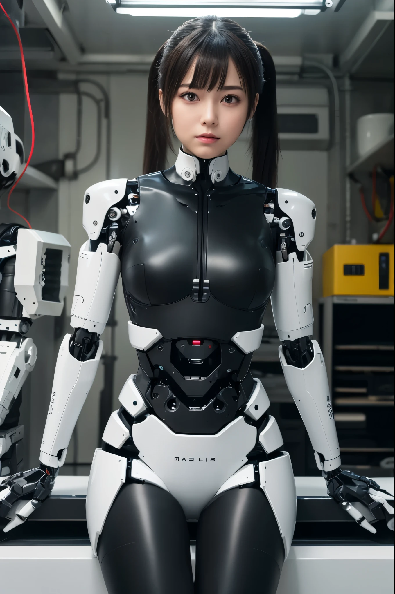(photorealistic:1.4), (RAW photo)masterpiece, best quality, extremely detailed, (8K, 4K, Best Quality, hight resolution, 超A high resolution:1.1), 8K portrait,1girl in, Japaese android girl,android teacher,Plump , control panels,android,Droid,Mechanical Hand, ,Robot arms and legs, Black hair,Mechanical body,Blunt bangs,White Robotics Parts,perfect robot woman,Charging spot,Long Tube,A thick cable was connected to her neck,ceramic body ,android,robot humanoid,a bit chubby,panty,full eyes,perfect mechanical body,white robotics body,future assembly plant,white body,She has repaired,black sponge joints,android assembly plant,android,laboratory,perfect machine body,white robot body,the exhaust port is between the legs,dark black leggings,perfect cyborg girl,low ponytail(low ponytail:1.4),