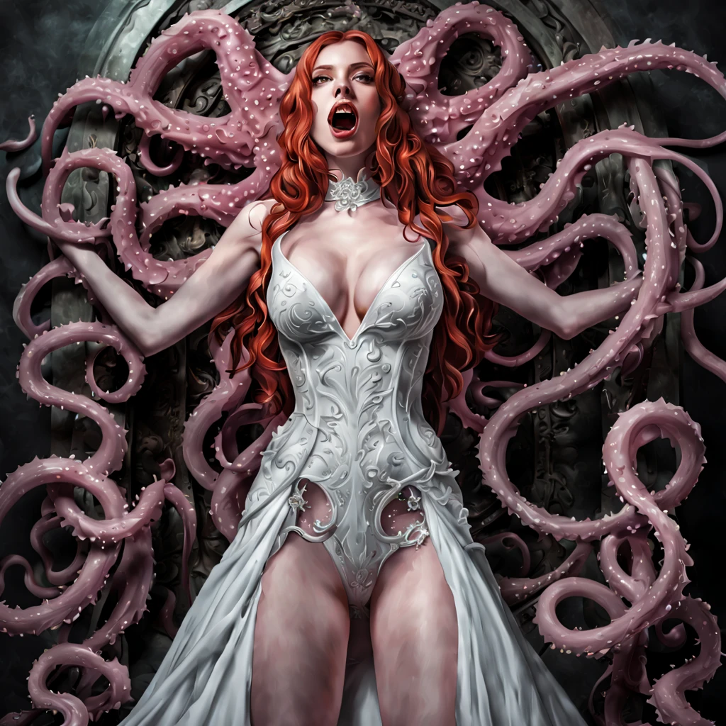 
((Katherine McNamara in a wedding dress)), ((deepthroated by big tentacles)), views upwards to a giant tentacle, ahegao, focus on big tentacle, looking at tentacle, ((slugs crawling om her face)), horny, red lipstick, pleased, moaning, skinny body, red hair, wet hair, large breasts, large ass, flat belly, narrow waist, (cum all over), covered in cum, wet hair, tentacles, tentacles sucks breast, ((throat bulge)),tentacle squeeze breast, tentacles licks breasts, tentacle penetration, fucking tentacles, tentacles around throat, ((slimy tentacles)), sodium light, impaled with tentacles, horror, hyper detailed, 8K, masterpiece, Eldritch abomination, (mind flayer:1.5) (bride of Cthulhu), church of Cthulhu, torture chamber, ((tentacles on the floor and crawling up her body and mouth)), (white thong), ((gates of Cthulhu open))