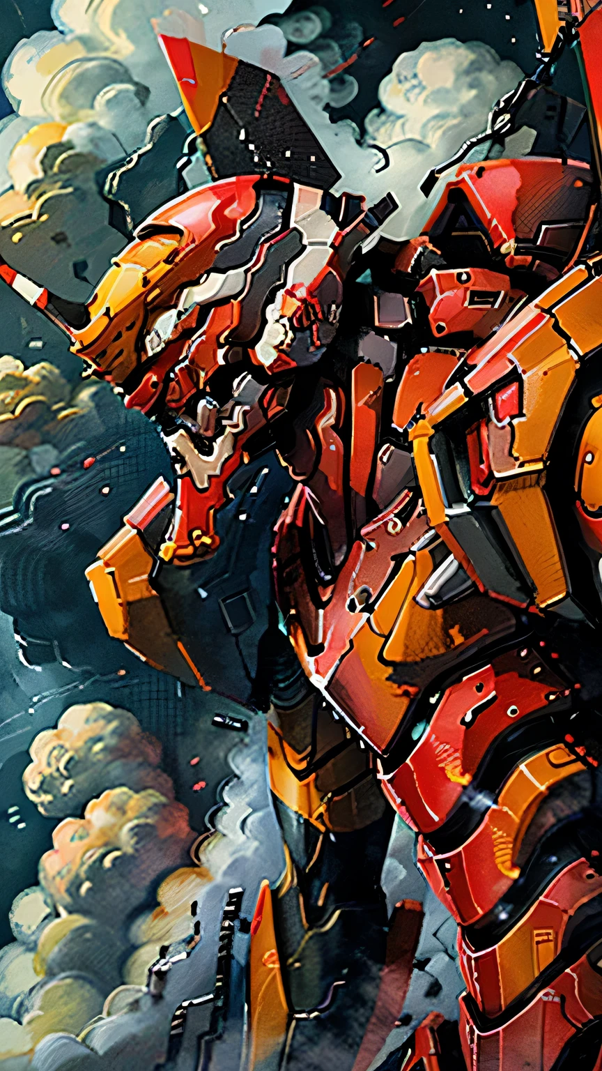 (eva 02), evagod, evangelion mecha, science fiction, looking at viewer, (official art, Best quality, masterpiece:1.2), illustration, high res, beautiful abstract background, Futurism, cyberpunk, intense angle,