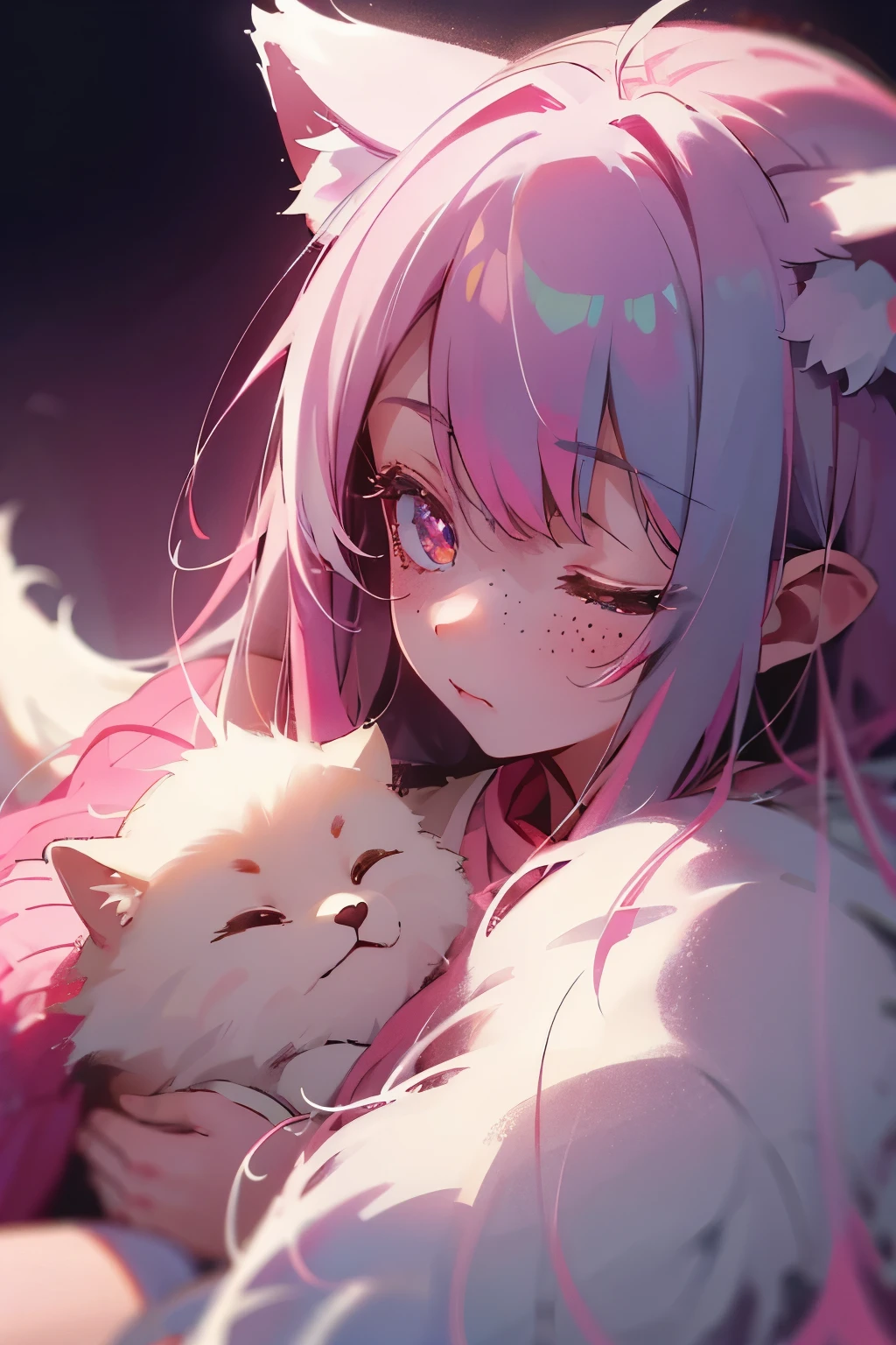 best quality, 1 girl, solo, fcloseup, fox girl, arctic fox girl, long white hair, pink highlights and gradients, flufy white ears with pink tips, strawberry colored eyes, puffy white top, strawberry themed cardigan, pink cardigan with strawberry pattern, pastel colors, strawberry pink track pants, strawberry themed socks, pink socks with strawberry pattern, really long white messy hair that has pastel pinkhighights int he side parts, bangs and lengths, freckles, clanmarks stripes on cheeks below the eyes, silver bells and long ribbons attached to her ears, ears are fluffy foc ears, ears slight gradient on the tips, fluffy tail with pastel pink highlights at the end, expression, sleepy face, adult features, head shot, closeup, eyes closed
