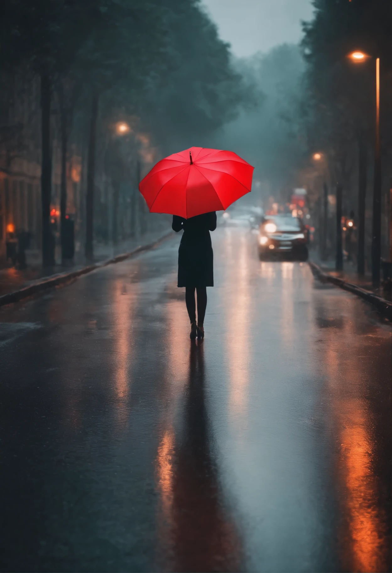 Horizontal image, Woman holding a red umbrella  , Standing in the middle of the road , In a prosperous city